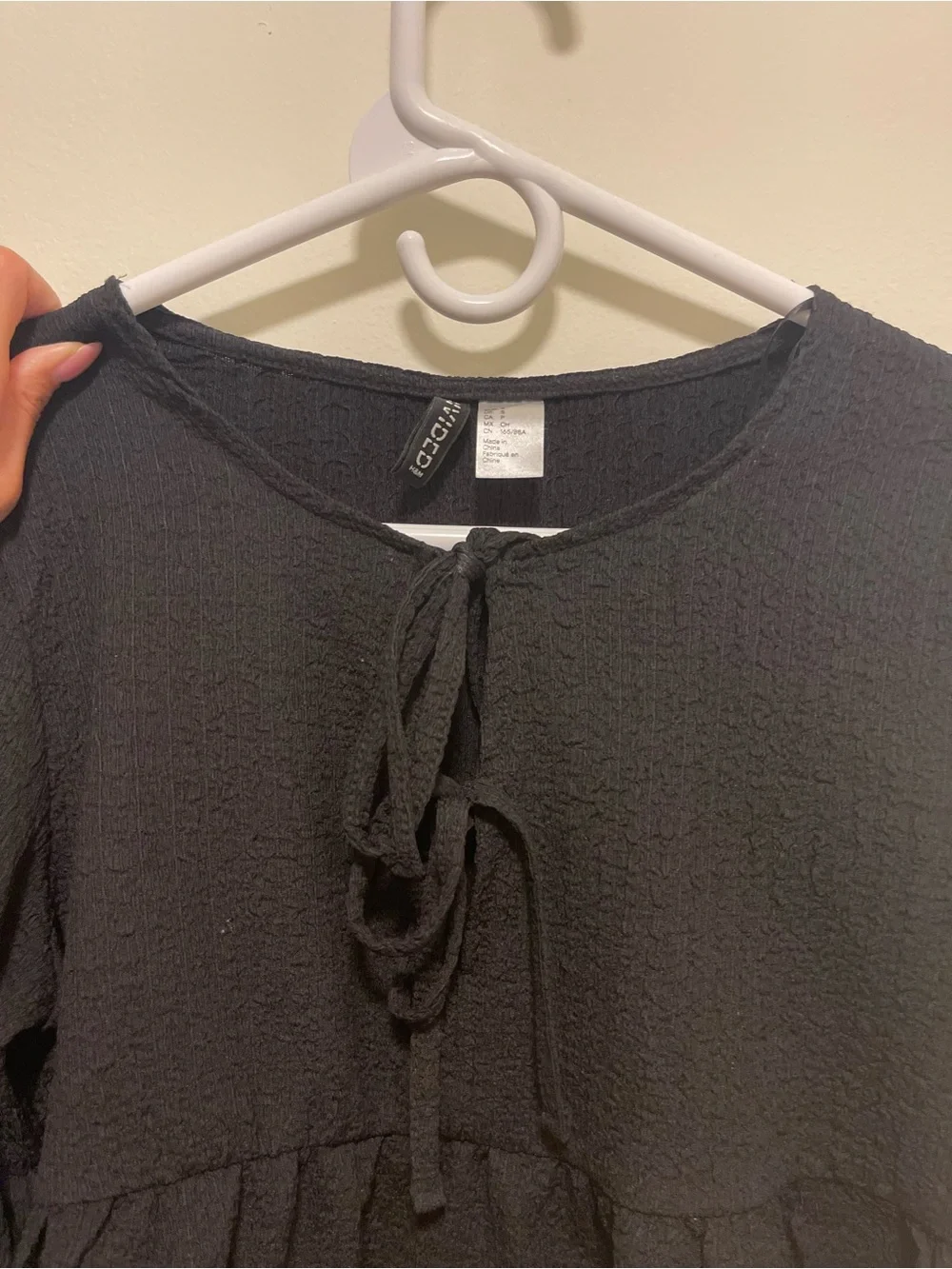 H&M Black Tie-Neck Peasant Blouse